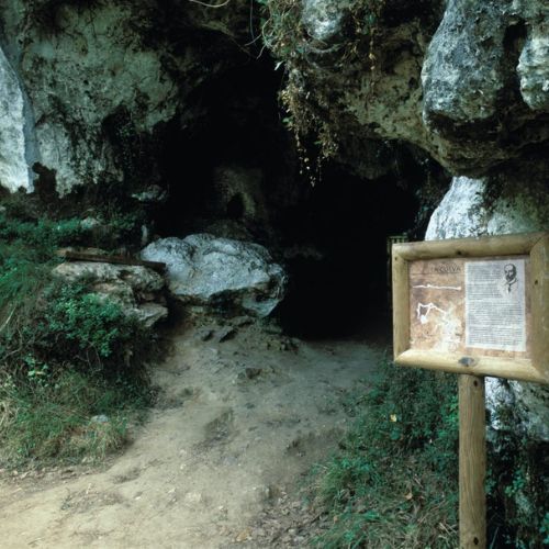 Vista de la entrada a la Cueva de El Buxu, a través de un camino de tierra y con varias rocas grandes que rodean la misma. A la derecha del camino vemos un cartel con un mapa del perfil y otro superior del interior de la cueva junto a un texto descriptivo sobre la cueva.